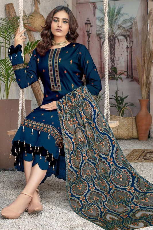 3PC Unstitched Dhanak Embroidered Shirt with Dhanak Emb Work Shawl Embroidered Dupatta RJ-1134 A