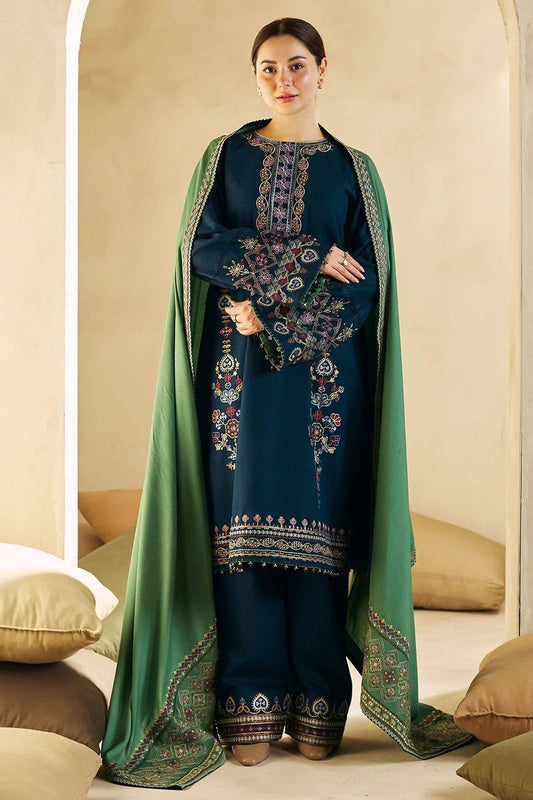 3 Pcs women’s unstitched Dhanak embroidered suit