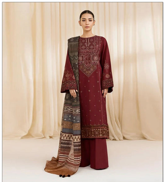 3 Pcs women’s unstitched Dhanak embroidered suit