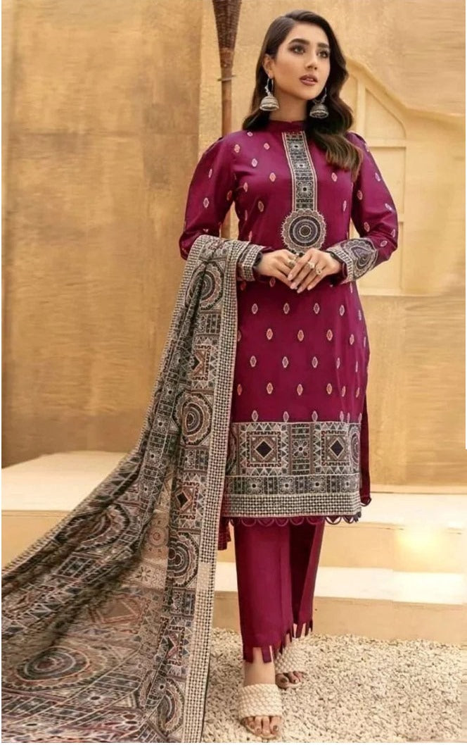 3PC Unstitched Dhanak Embroidered Shirt with Dhanak Emb Work Shawl Embroidered Dupatta RJ-1134 A
